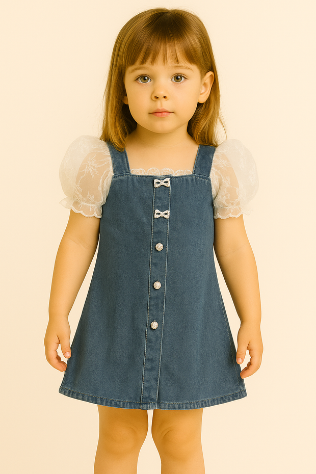 Elegant Girls Denim Dress with Pearl Bow & Net Sleeves