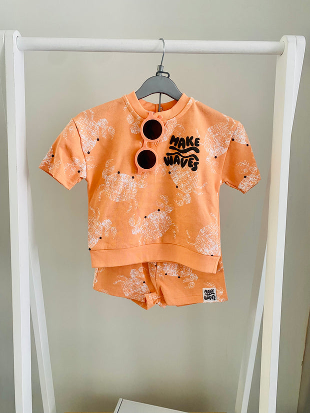 Toddler Boy “Make Waves” Crab Print T-Shirt & Shorts Set with Sunglasses