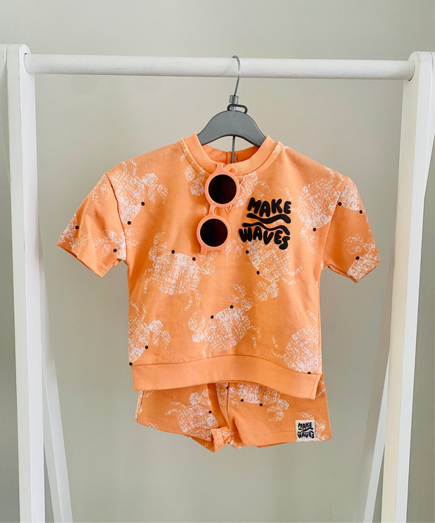 Toddler Boy “Make Waves” Crab Print T-Shirt & Shorts Set with Sunglasses