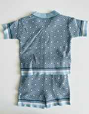 Toddler Boy 2-Piece Knitted Blue Diamond Pattern Shirt and Shorts Set