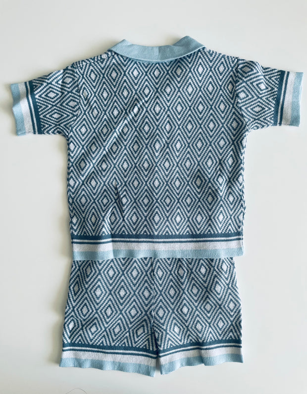 Toddler Boy 2-Piece Knitted Blue Diamond Pattern Shirt and Shorts Set