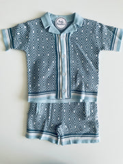 Toddler Boy 2-Piece Knitted Blue Diamond Pattern Shirt and Shorts Set