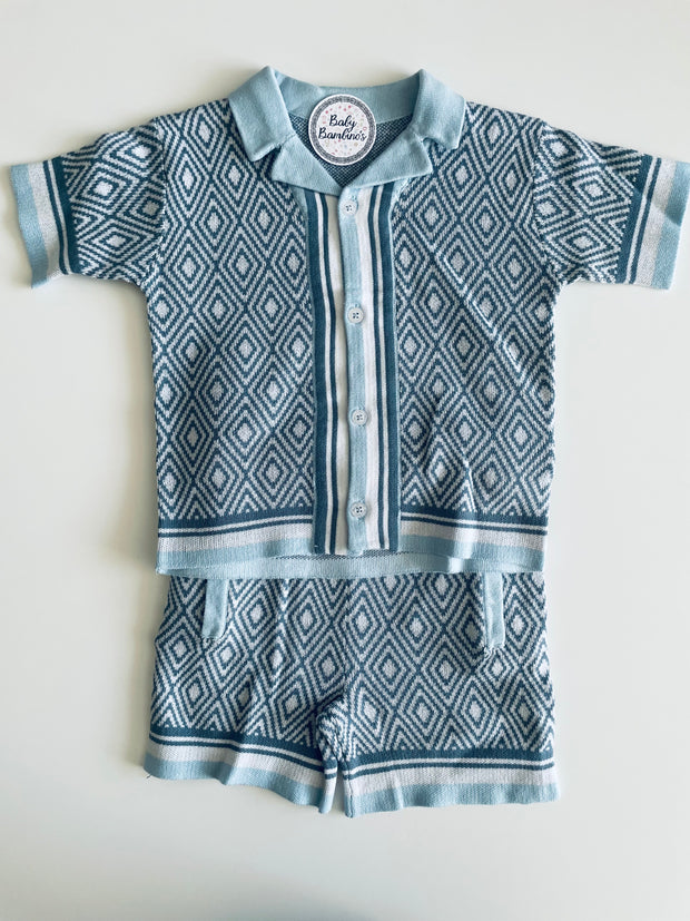 Toddler Boy 2-Piece Knitted Blue Diamond Pattern Shirt and Shorts Set
