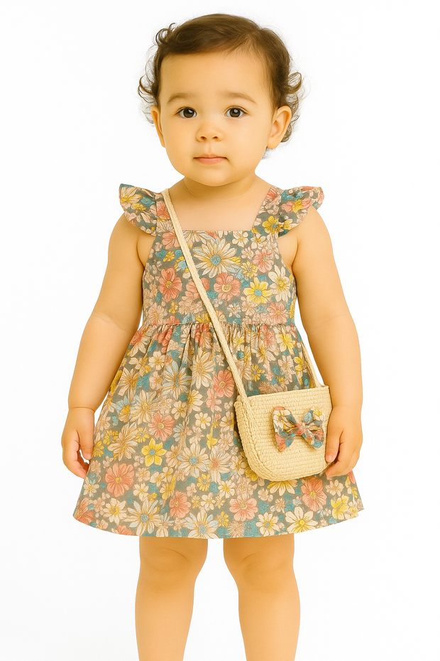 Baby Girl Yellow Floral Dress with Matching Bag 2-Piece Summer Outfit