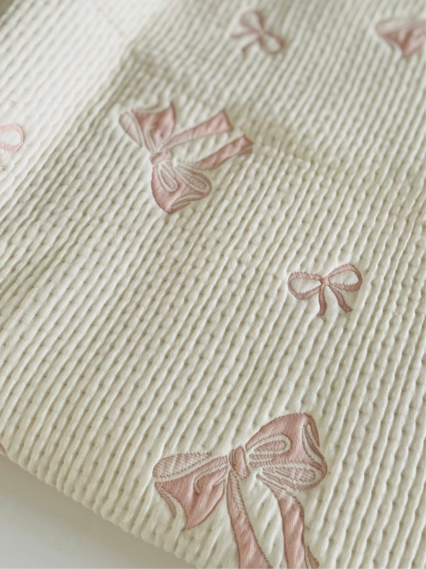 Pink Waffle Reversible 100% Cotton Baby Blanket with Ribbon Design