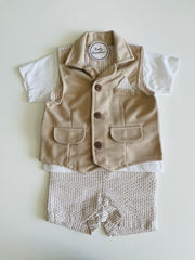 Baby Boy Beige Waistcoat and Shorts 3 Piece
