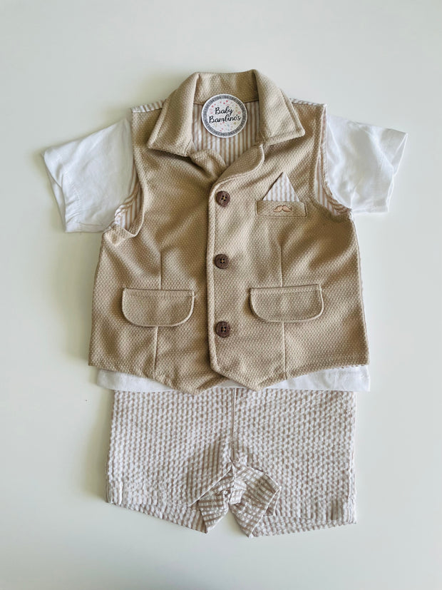 Baby Boy Beige Waistcoat and Shorts 3 Piece