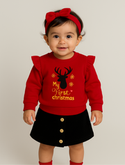 3pc Girls Reindeer Jumper, Skirt & Headband