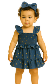 Girls Denim-Style Polka Dot Dress with Matching Headband