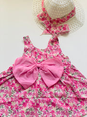 Baby Girl Pink Floral Dress with Matching Hat 2 Piece Outfit