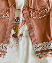 Toddler Girl 3-Piece Outfit – Hot Air Balloon Shirt, Printed Skirt & Jacket Set