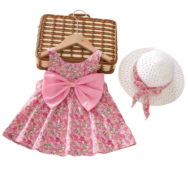 Baby girl pink floral dress with matching sun hat and ribbon 2piece summer outfit for 9 to 12 months