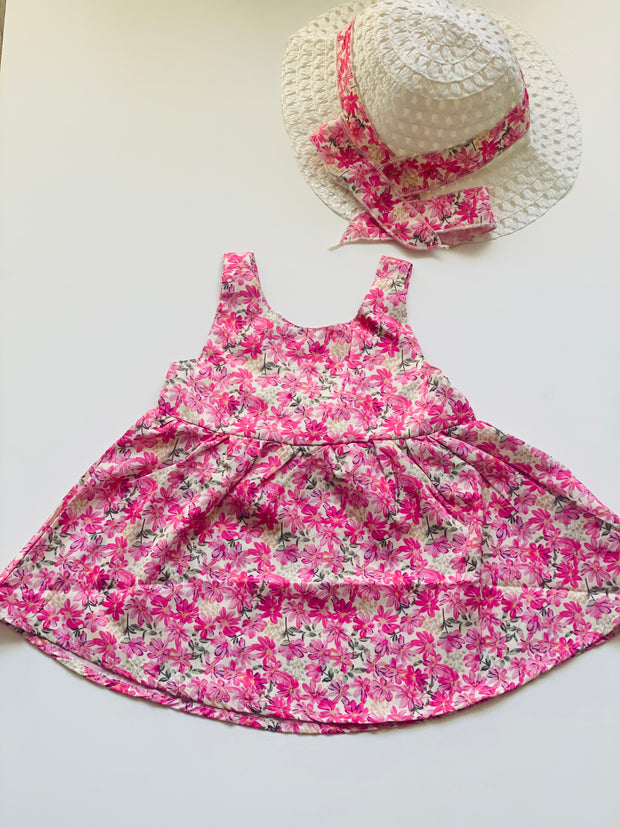 Baby Girl Pink Floral Dress with Matching Hat 2 Piece Outfit