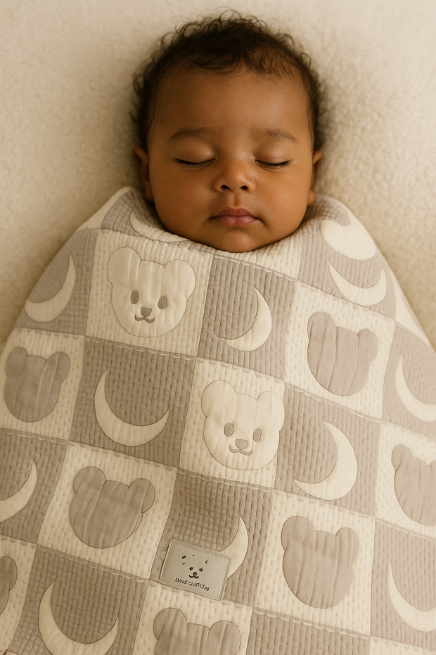 Baby wearing Moon and bear baby blanket with design cotton