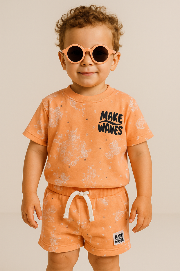 Toddler Boy “Make Waves” Crab Print T-Shirt & Shorts Set with Sunglasses