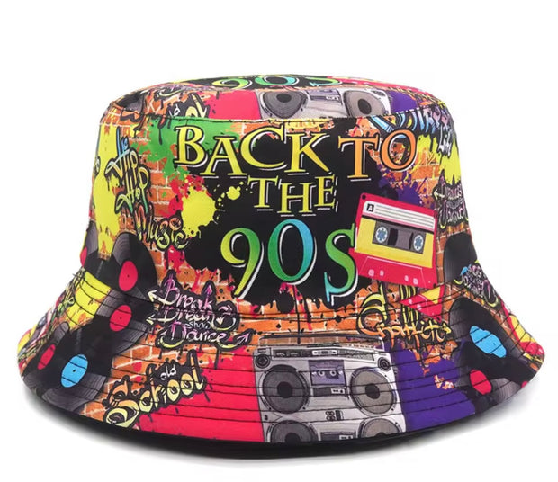 kids retro 90s-style bucket hat with bold print and wide brim