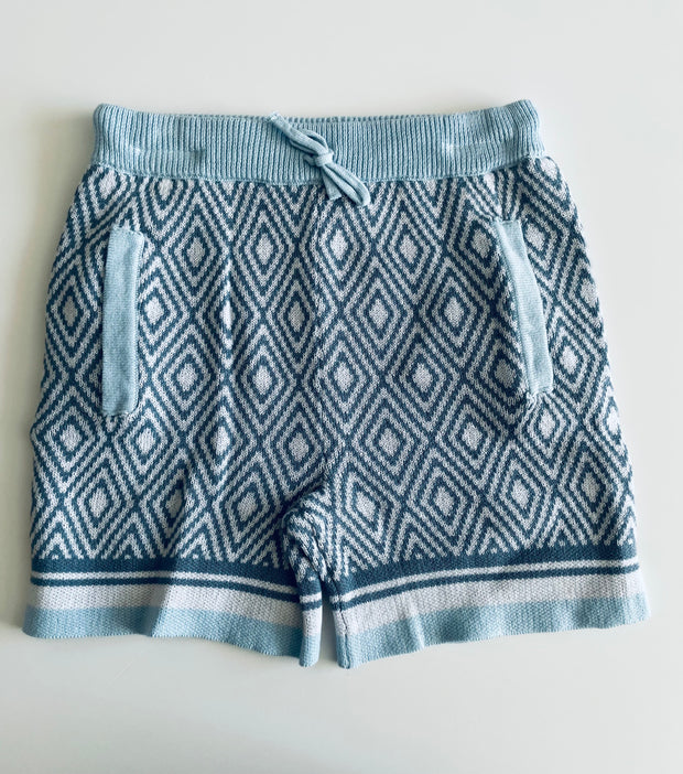 Toddler Boy 2-Piece Knitted Blue Diamond Pattern Shirt and Shorts Set