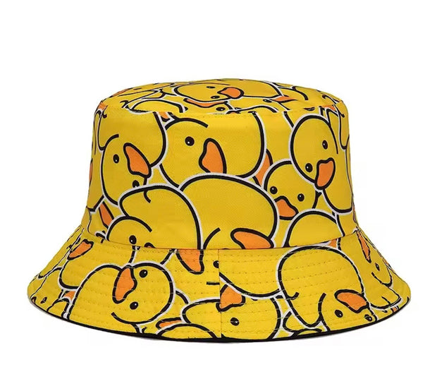 kids bucket hat with repeated yellow duck print