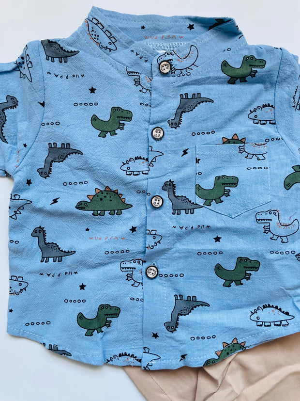Baby Dino Bodysuit Shirt & Cream Shorts – 2-Piece Set