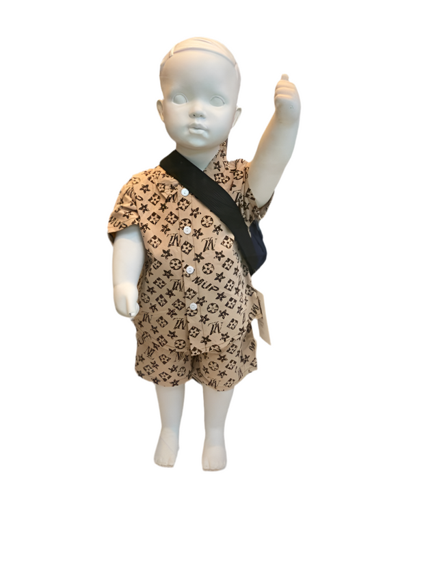 Beige Patterned Shirt & Shorts