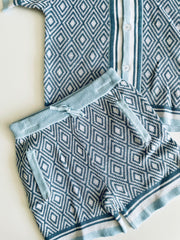 Toddler Boy 2-Piece Knitted Blue Diamond Pattern Shirt and Shorts Set