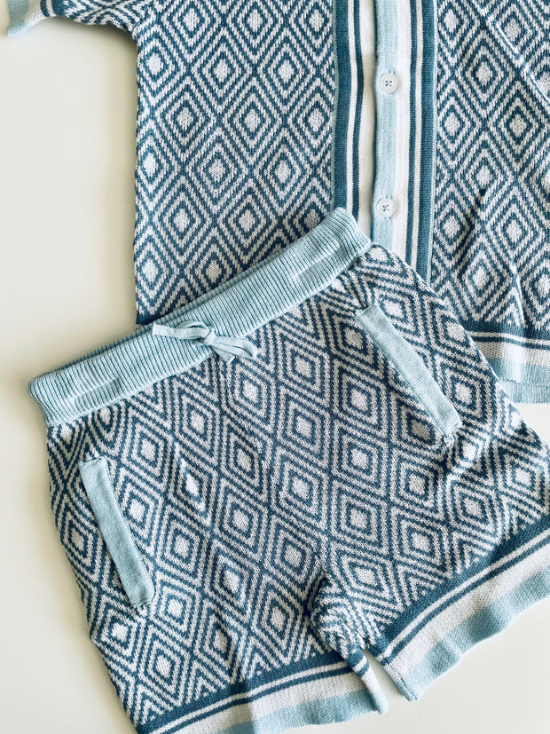 Toddler Boy 2-Piece Knitted Blue Diamond Pattern Shirt and Shorts Set