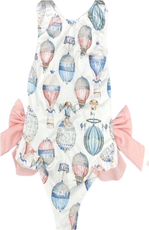 Front Adorable pastel hot air balloon swimsuit for baby girls with pink side bows. Perfect for beach, pool, and sunny summer days. Sizes 6–24 months.