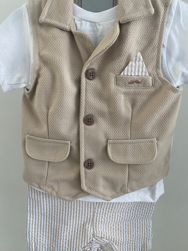 Baby Boy Beige Waistcoat and Shorts 3 Piece