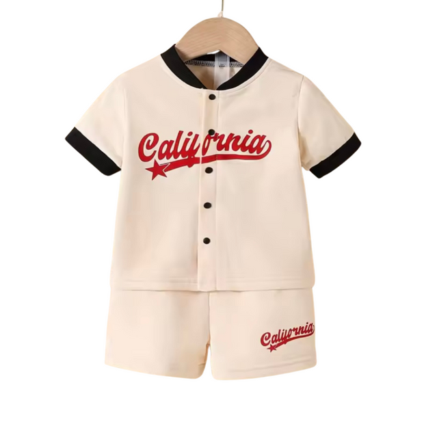 front 18-24 month California beige 2-piece set featuring a comfortable top and matching shorts for your toddler. Ideal for warm weather and casual outings.