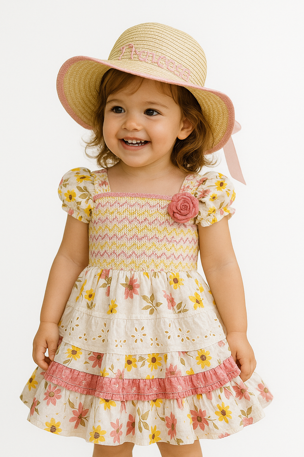 Pink Baby & Toddler Girl Ruffle Dress with Puffed Sleeves & Rosette Details