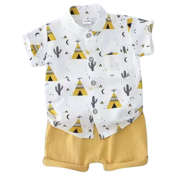 Baby 2 piece teepee print cotton top and yellow shorts set 