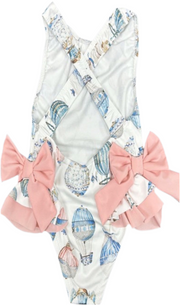 Back Adorable pastel hot air balloon swimsuit for baby girls with pink side bows. Perfect for beach, pool, and sunny summer days. Sizes 6–24 months.