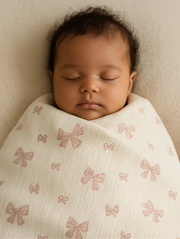Pink Waffle Reversible 100% Cotton Baby Blanket with Ribbon Design