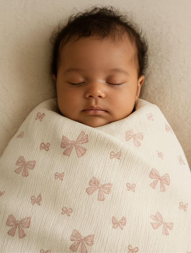 Pink Waffle Reversible 100% Cotton Baby Blanket with Ribbon Design