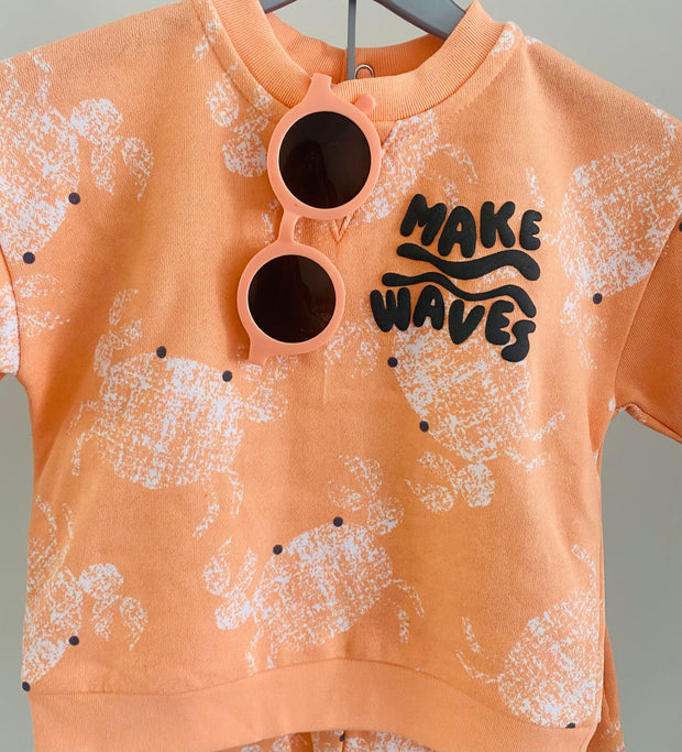 Toddler Boy “Make Waves” Crab Print T-Shirt & Shorts Set with Sunglasses