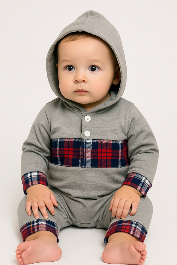 Grey Plaid Hooded All In One