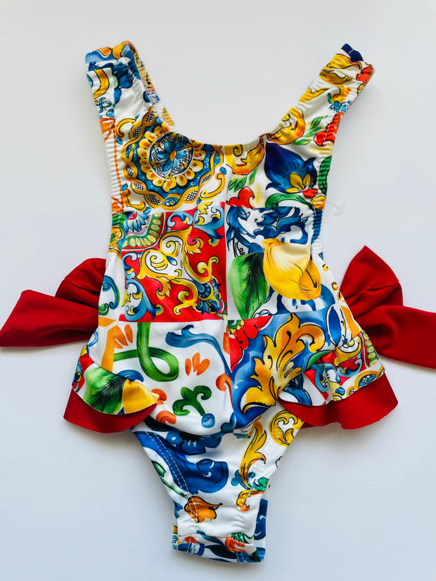 Bold & Bright Baby Girl Swimsuit with Red Side Bows