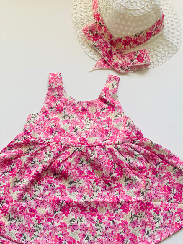 Baby Girl Pink Floral Dress with Matching Hat 2 Piece Outfit