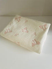 Front Reversible pink baby blanket with ribbon design breathable cotton