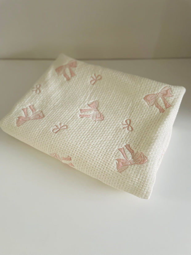 Front Reversible pink baby blanket with ribbon design breathable cotton