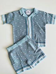 Toddler Boy 2-Piece Knitted Blue Diamond Pattern Shirt and Shorts Set
