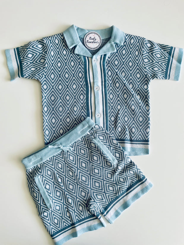 Toddler Boy 2-Piece Knitted Blue Diamond Pattern Shirt and Shorts Set