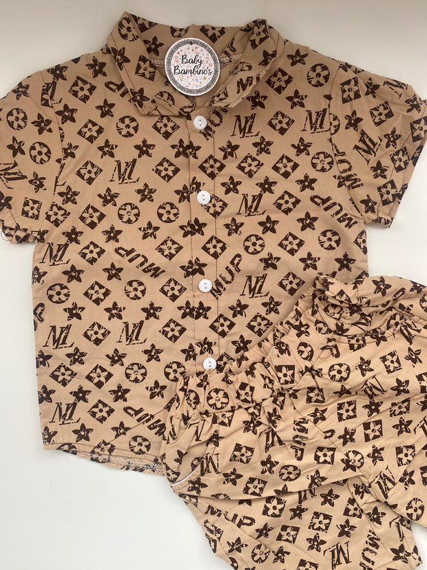Beige Patterned Shirt & Shorts