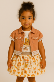 Toddler Girl 3-Piece Outfit – Hot Air Balloon Shirt, Printed Skirt & Jacket Set