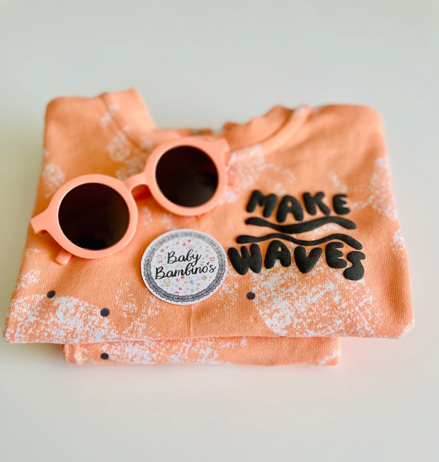 Toddler Boy “Make Waves” Crab Print T-Shirt & Shorts Set with Sunglasses