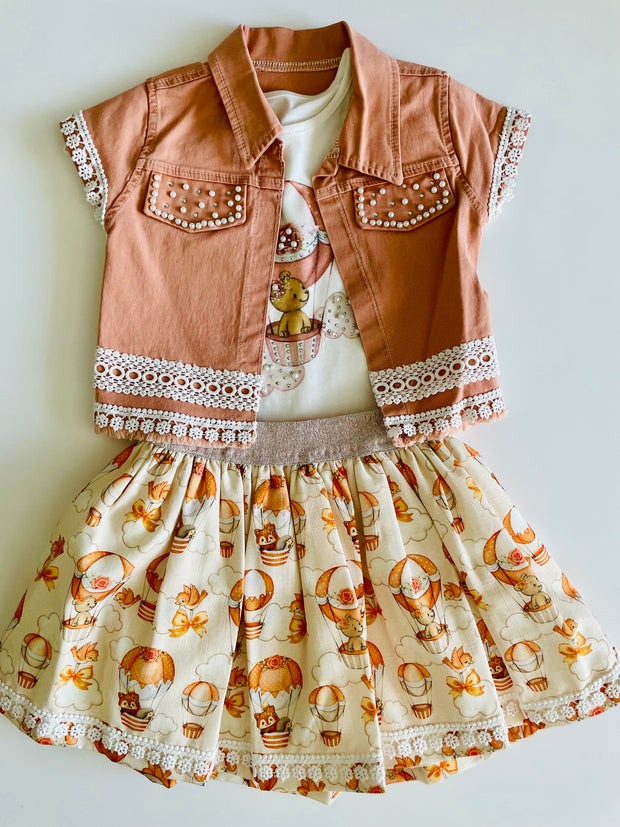 Toddler Girl 3-Piece Outfit – Hot Air Balloon Shirt, Printed Skirt & Jacket Set