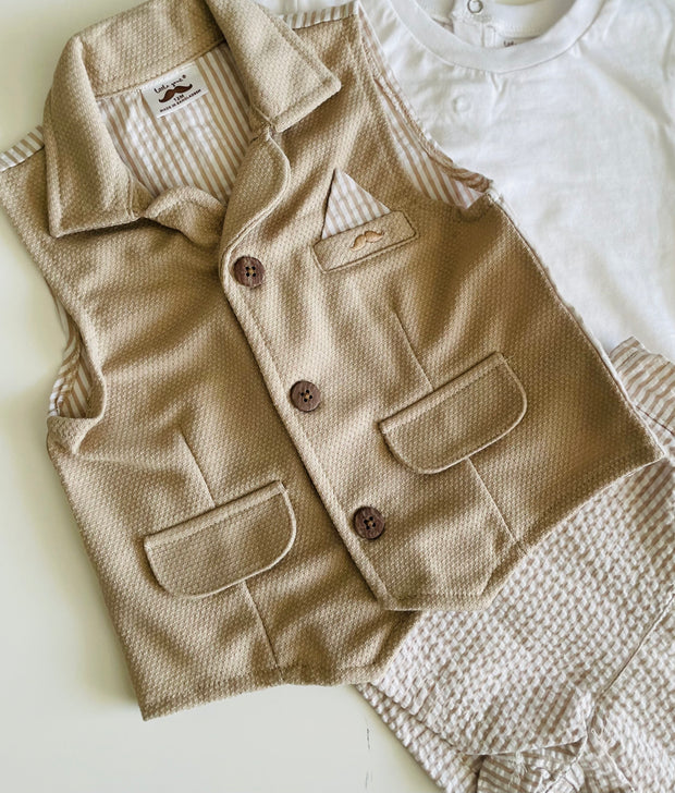 Baby Boy Beige Waistcoat and Shorts 3 Piece