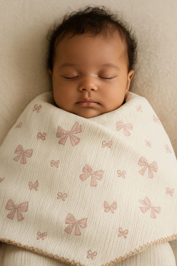 Baby in Reversible pink baby blanket with ribbon design breathable cotton