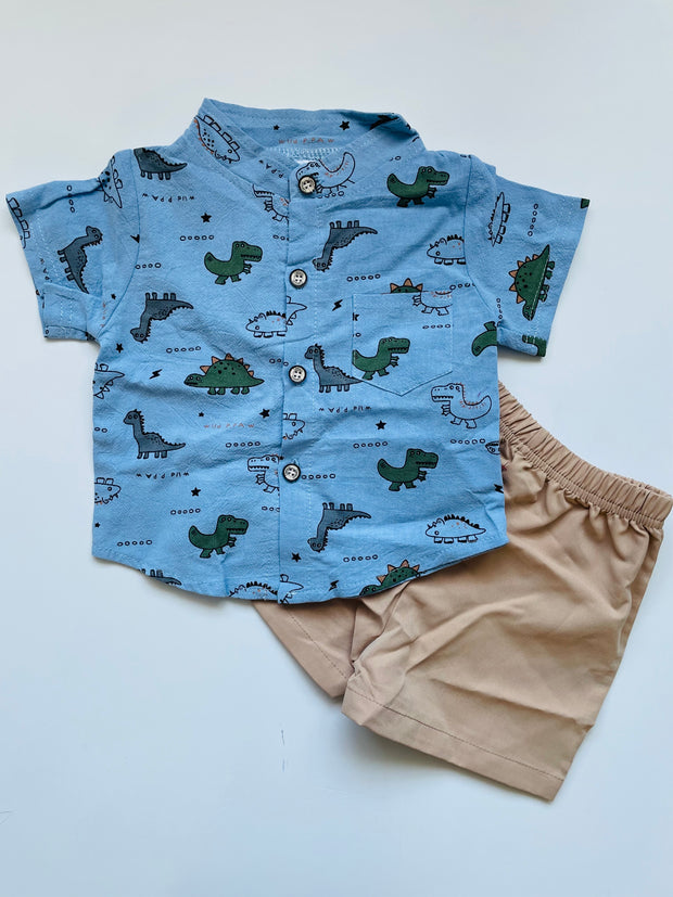 Baby Dino Bodysuit Shirt & Cream Shorts – 2-Piece Set