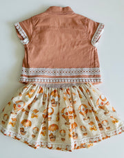 Toddler Girl 3-Piece Outfit – Hot Air Balloon Shirt, Printed Skirt & Jacket Set